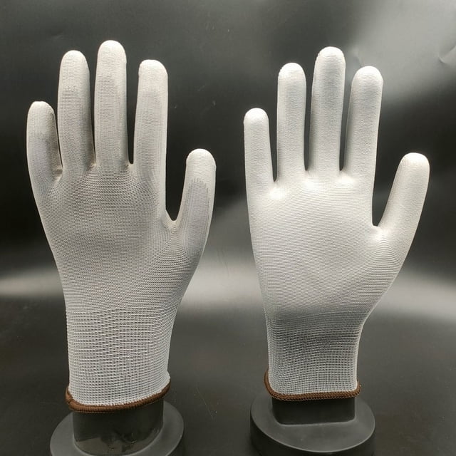 Guantes de trabajo blancos libres de polvo con revestimiento de dedos antiestático de nailon PU y revestimiento de inmersión en la palma
