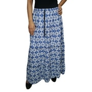 Mogul Womens Blue Maxi Skirt Printed Cotton Blend Boho Chic Indian Tiered Elastic Waist A-Line Long Skirts