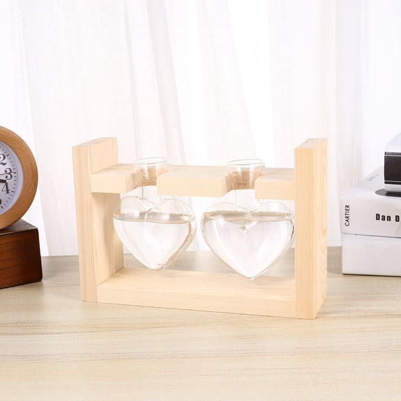 MLINS Heart Shaped Glass Vase with Wooden Stand for Hydroponic Plants and Flower Arrangement 2 Pieces