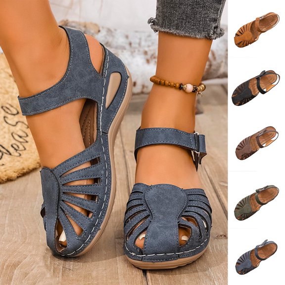 Womens Sandals Wedge Thick Sole Closed Toe Ankle Straps Hollow Out Slippers Summer Comfort Summer Casual Versatile Solid Color Vacation Slippers