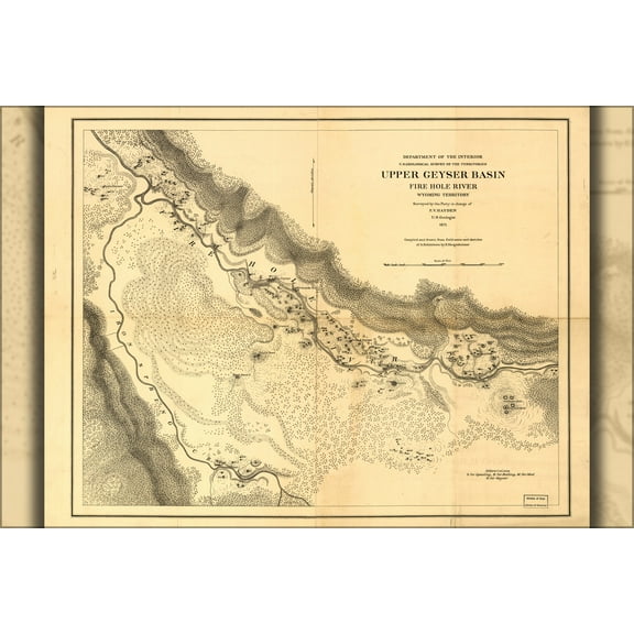 24"x36" Gallery Poster, Upper Geyser Basin, Fire Hole River, Wyoming Territory. Geological Survey of the Territories (U.S.) 1871