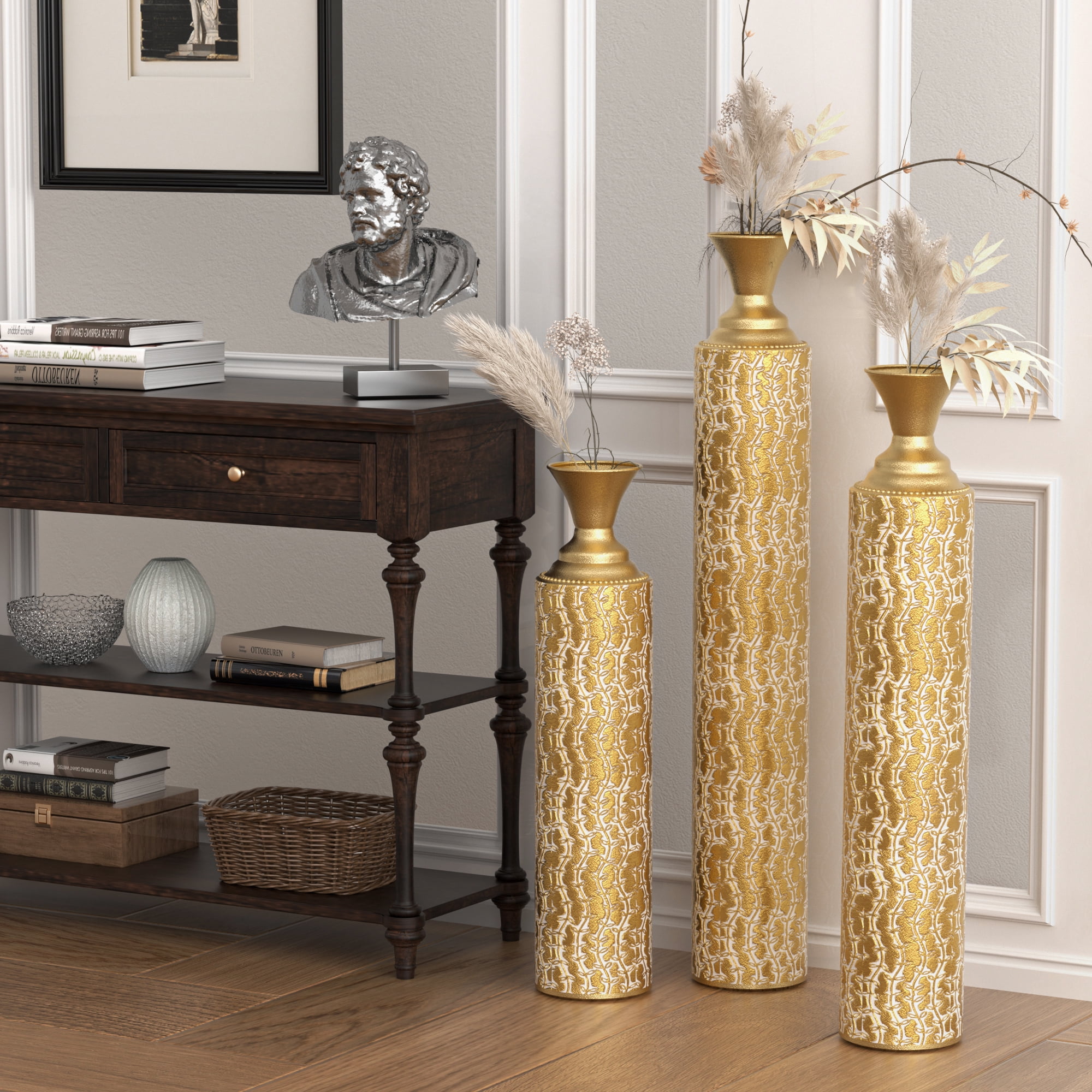 Aukfa Tall Floor Vase for Flowers,Set of 3 Large Metal Glazed Vase,25"/29"/34",Gold
