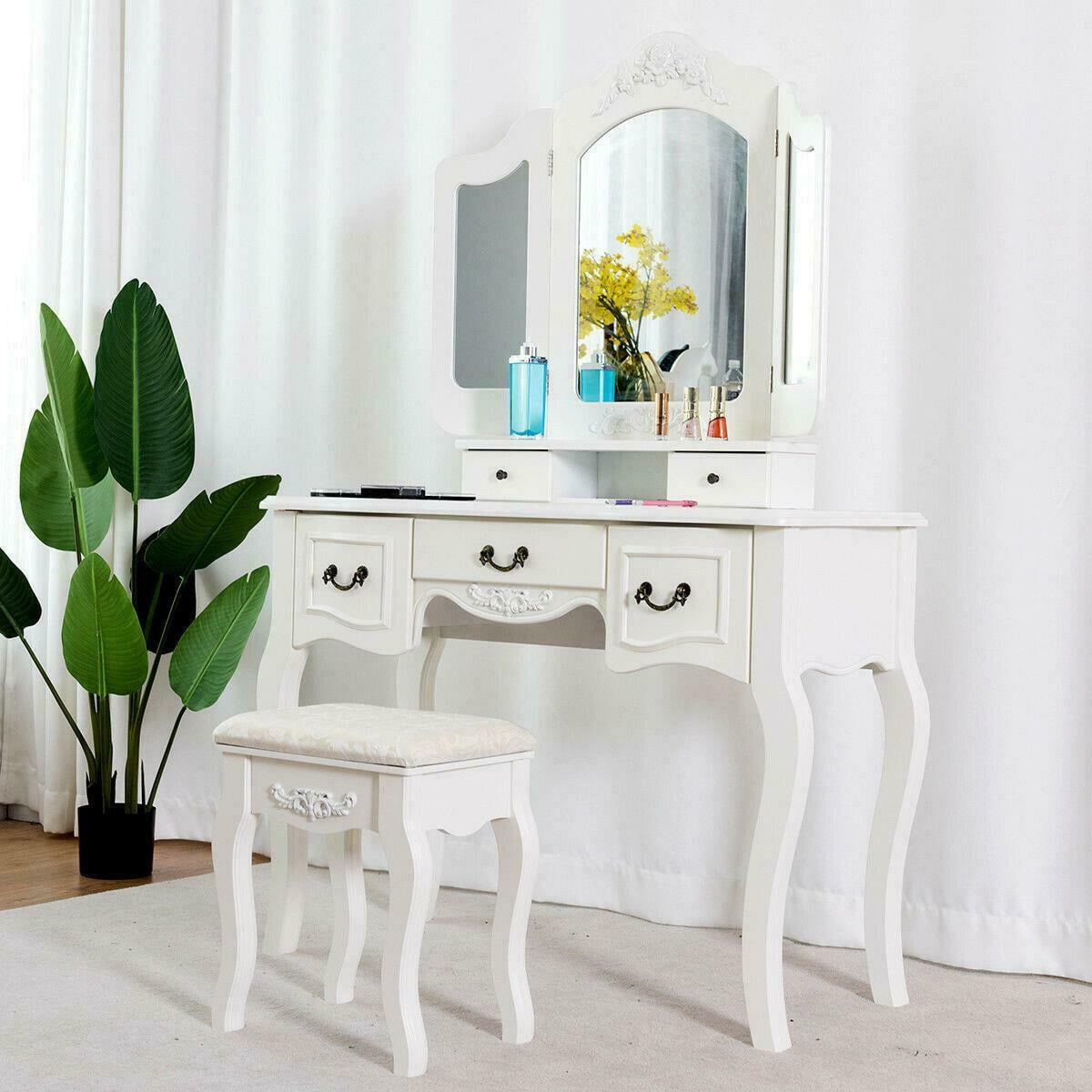 US Details about   FCH MDF Spray Paint Seven Drawers Three-fold Mirror Dressing Table Set White