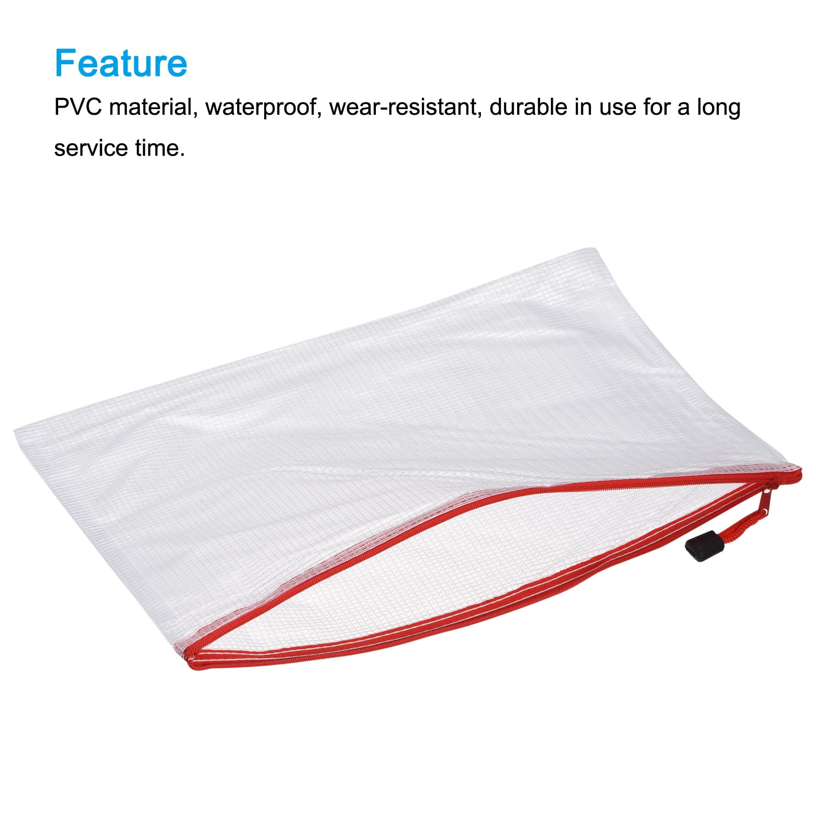 Unique Bargains Mesh Zipper Bag Plastic Zip File Pouch Document Folders Red