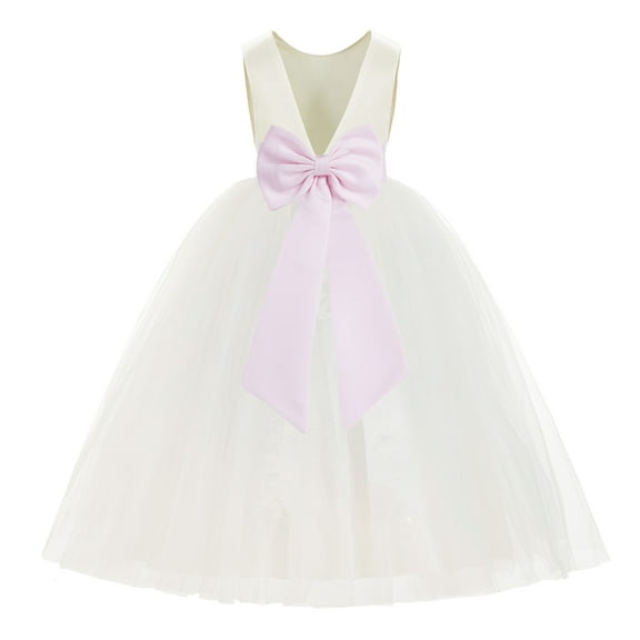 Ekidsbridal Girl Ballroom Flower Girl Dress - Backless Ivory Tulle with Tiebow (Size: M-14)