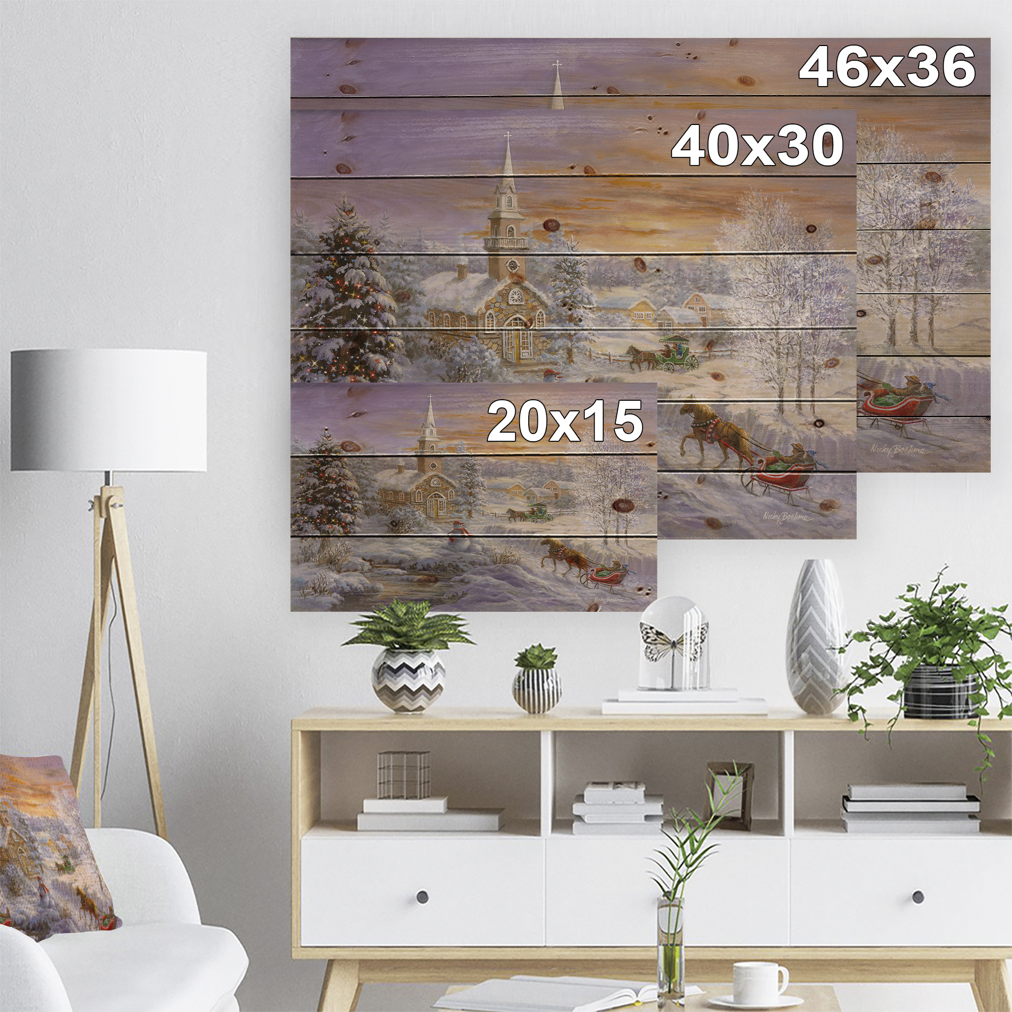 Designart 'Holiday Worship winter scene with sleigh and church' Print on Natural Pine Wood
