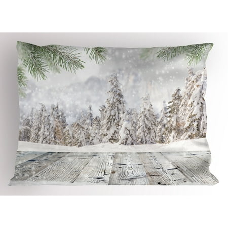 - Winter Pillow Sham Abstract Christmas Theme with Snow Covered Forest and Wooden Surface Image, Decorative Standard Size Printed Pillowcase, 26 X 20 Inches, Green White Beige, by Ambesonne