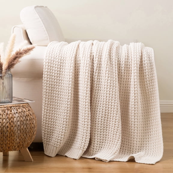 Battilo Cream Waffle Throw Blanket,Lightweight Decorative Chenille Blanket for Farmhouse Home Decor,50"x60"