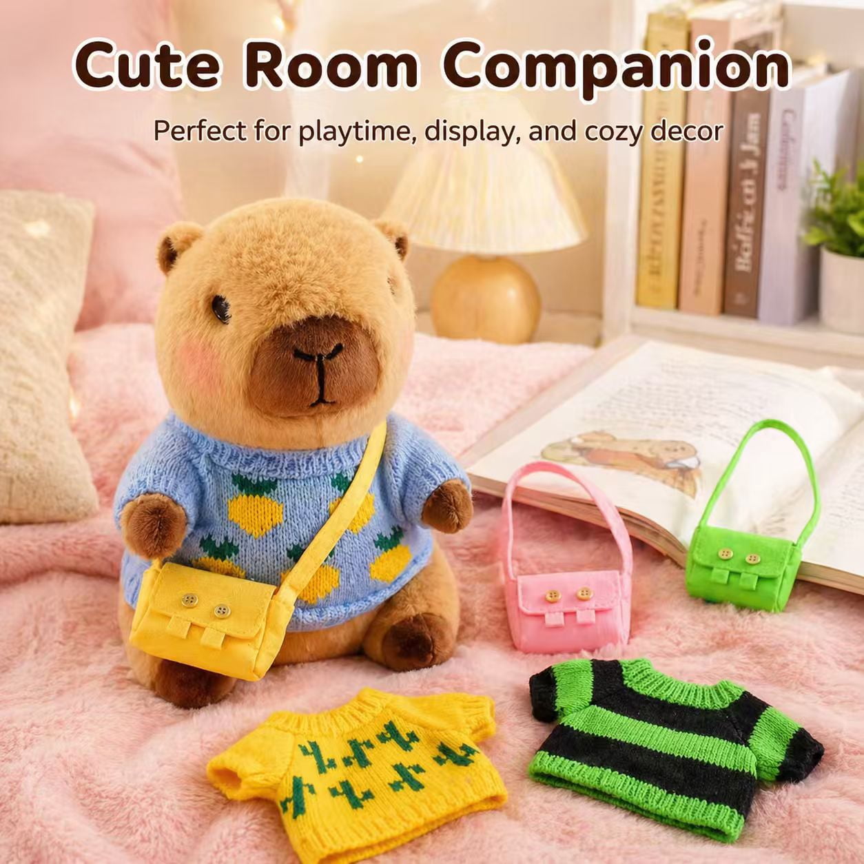 10.2 Inch Capybara Plush with 9 Clothes & Accessories, Dress-Up Capybara Stuffed Animal with 4 Sweaters, 2 Hats & 3 Bags, Cute Plush Toy Gift for Girls Boys Kids Birthday Christmas