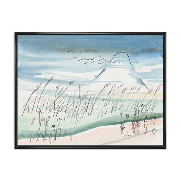 Designart 'Crane Birds Flying Over Snowy Montain' Traditional Framed Canvas Wall Art Print