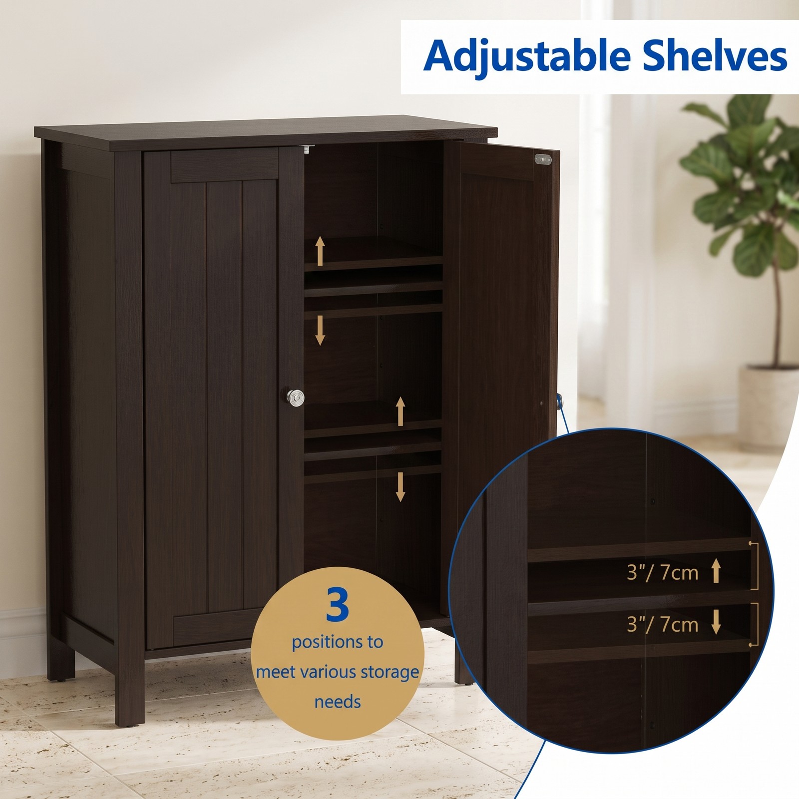 Fenbeli 2-Door Bathroom Floor Storage Cabinet, Freestanding Wooden Storage Organizer with 6-Position Adjustable Shelves, Space-Saving Side Cabinet for Bathroom, Brown