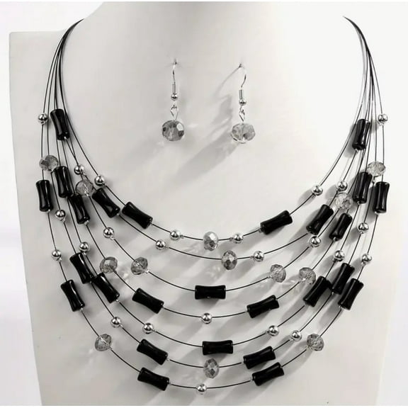 Pierced silver, black tube and gray bead wire necklace set