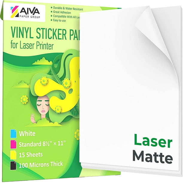 Papier autocollant en vinyle imprimable pour imprimante laser - Blanc mat -  15 feuilles auto-adhésives - Papier autocollant imperméable - 