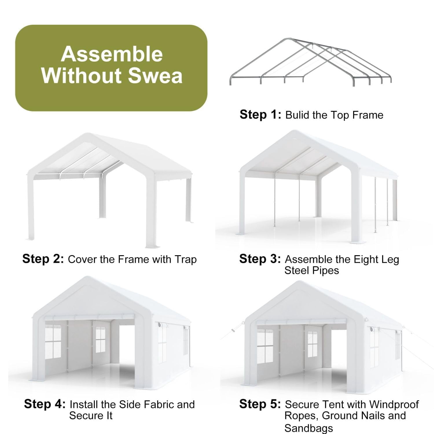 Luku Heavy Duty Portable Carport Garage, Galvanized Steel Frame, All-Weather 180G PE Canopy, 4 Roll-Up & 2 Side Doors, Ventilated Storage Shelter for Vehicles, Boats, Equipment (10x20/12x20/13x20 FT)