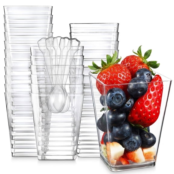 125 Pack 5 oz Clear Plastic Mini Square Dessert Cups with 125 Spoons