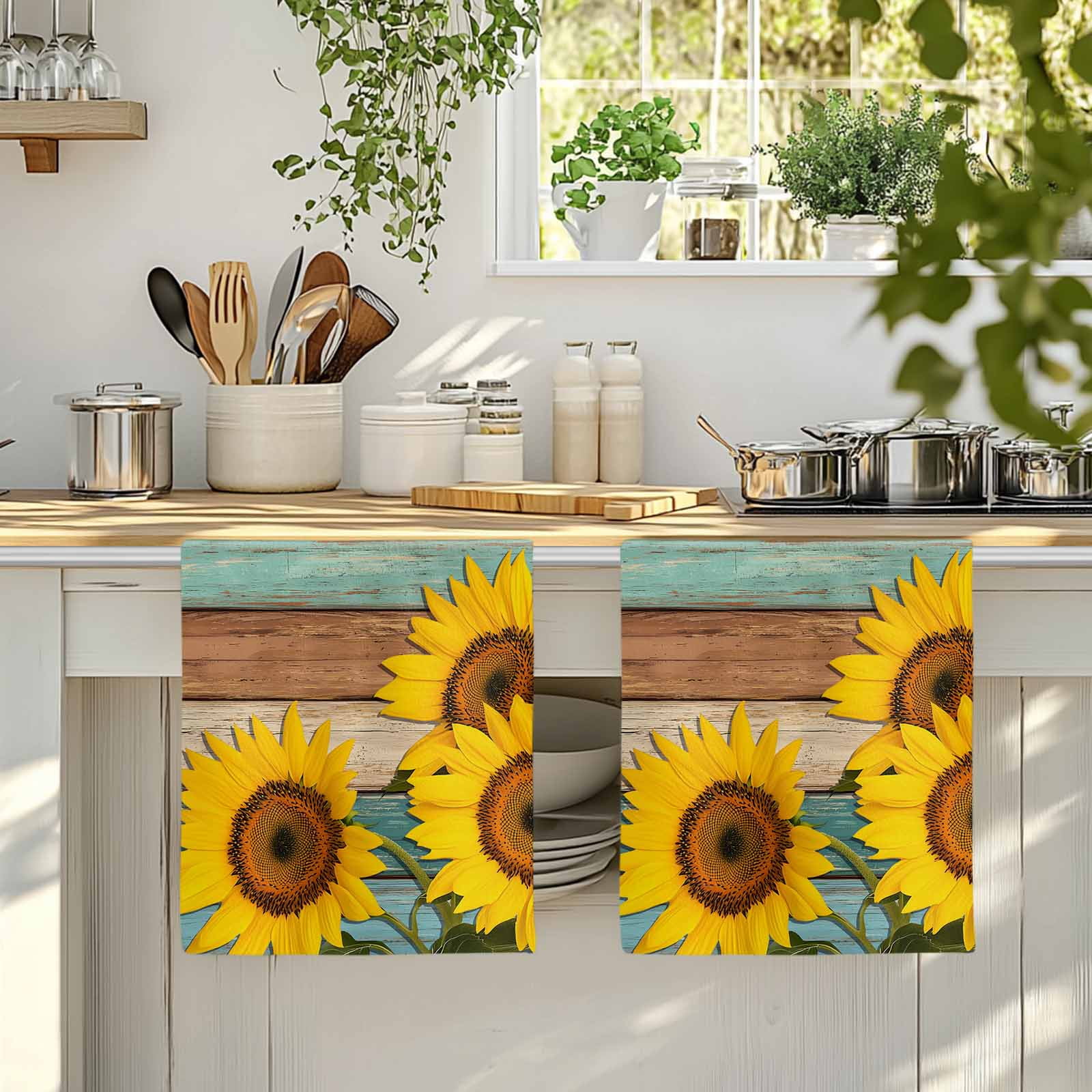 Dish Towels, Sunflower Absorbent Kitchen Towels 2 PCS, Farmhouse Floral Plant Teal Wood Grain Microfiber Hand Towels Dish Cloths Tea Towels for Home&nbsp;Bathroom Cleaning Drying,18X28-Inch,
