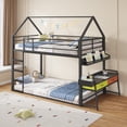 thumbnail image 4 of Low Bunk Bed Twin Over Twin with Desk and 2 Storage Drawers, Metal Floor Bunk Beds with Bookshelf & Side Pockets, House Shaped Twin Bunk Bed Frame with Safety Guardrail & Ladder, Black, 4 of 12