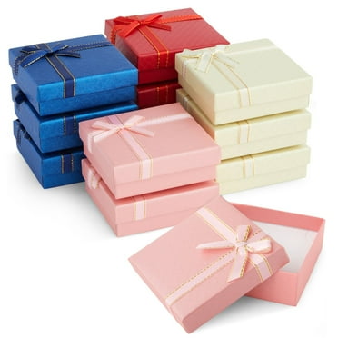 12 Pack Cardboard Jewelry Gift Boxes with Lids & Bows for Ring Necklace Bracelet Earrings Display, 4 Colors, 3.5 x 1 in