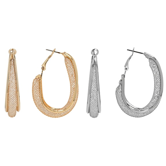 JTV Crystal Gold and Silver Tone Set of 2 Hoop Earrings