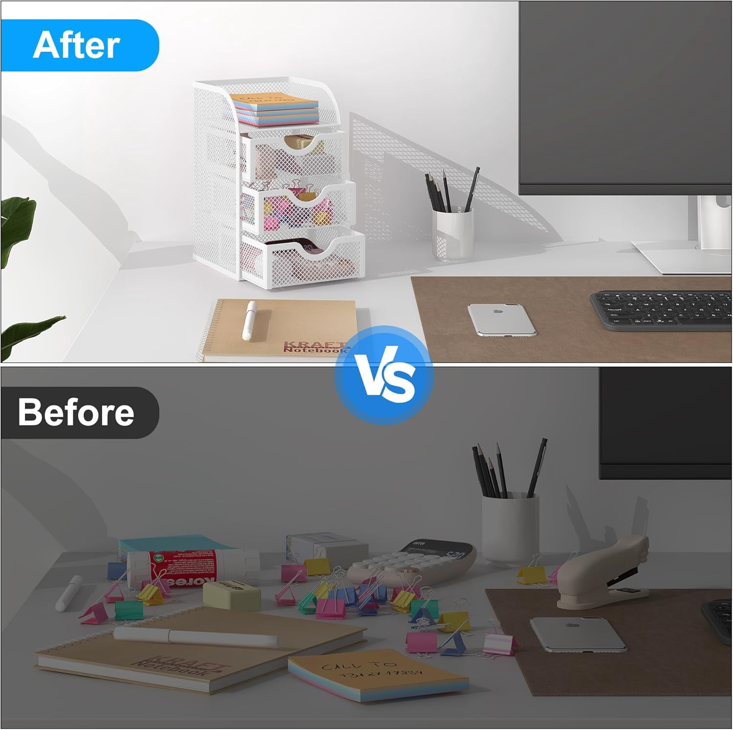 Mesh Desk Organizer with 3 Drawer Office Desktop Organizers and Accessories Stationery Caddy for Office, Home, Students, White