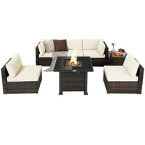 Topbuy 7 Piece Pe Rattan Outdoor Patio Bar Set with Fire Pit Table, Brown/Off White