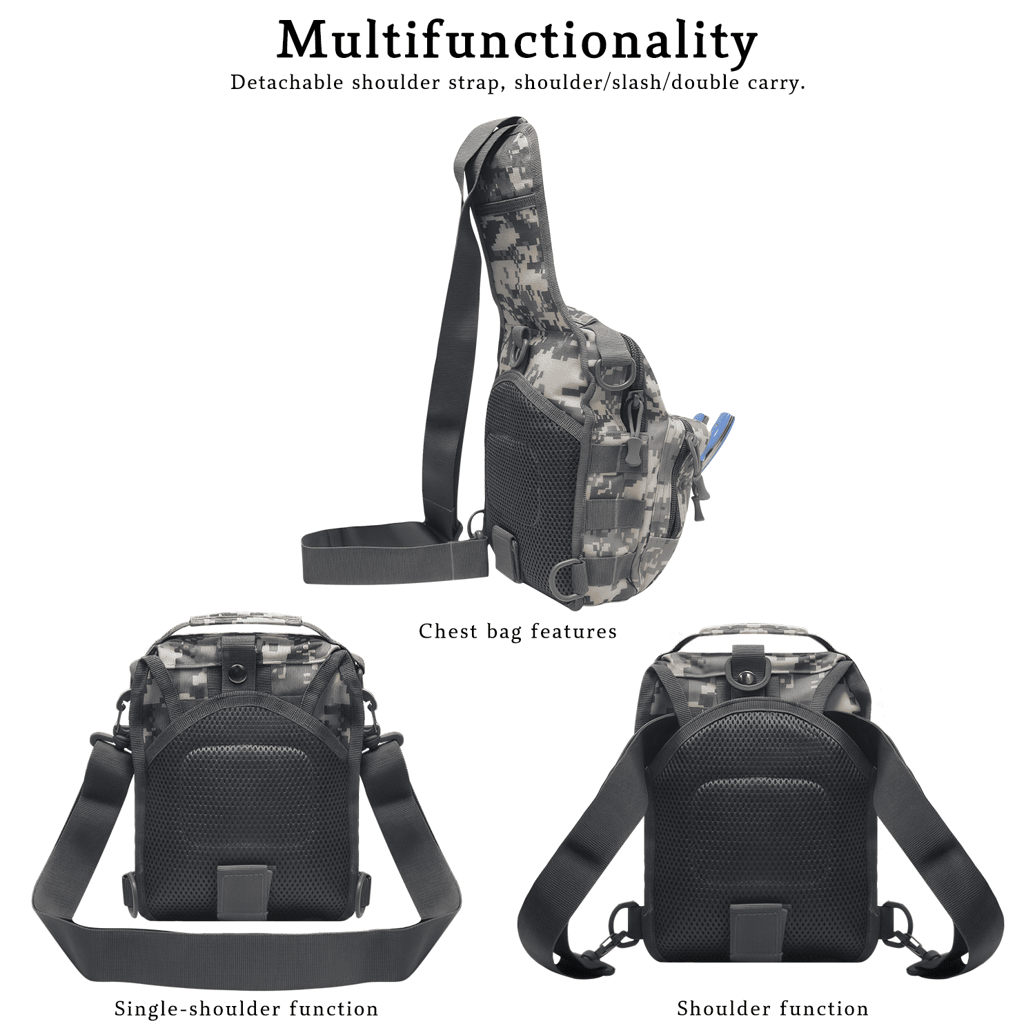 AGOPLEE Fishing Sling Backpack, Tactical Fishing Tackle Bag with Rod & Gear Holder Outdoor Fishing Shoulder Pack for Fishing