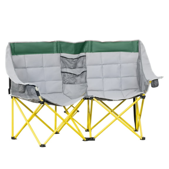 Loveseat Camping Chair, Oversized Folding Double Chair with Cup Holders & Carry Bag - Outdoor Lawn Beach Picnic Hiking Travel - Green & Gray