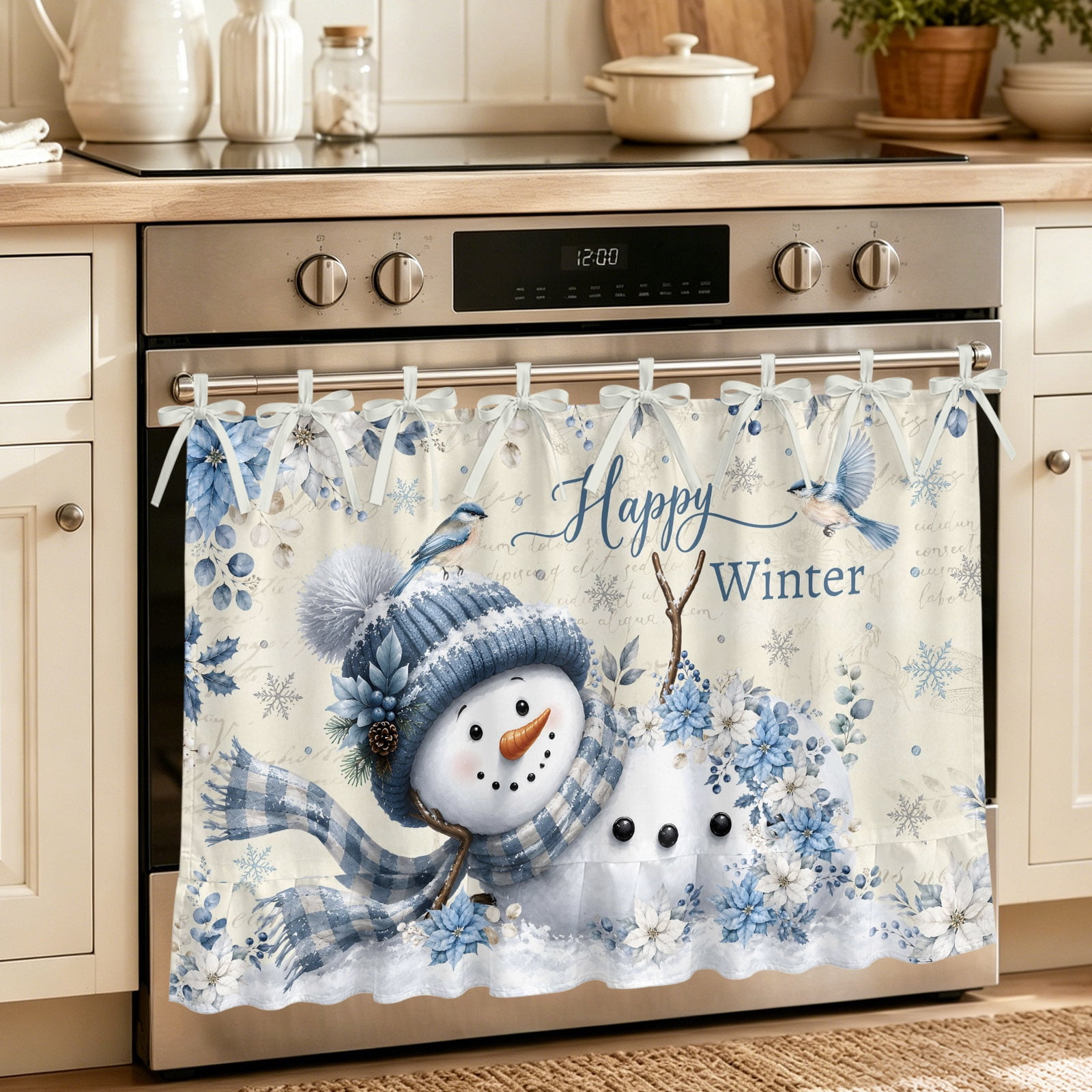 Oven Curtain for Kitchen Christmas Lying Snowman Stove Curtain With Ruffled Trim Dishwasher Curtains Blue Flowers Snowflake on Letter Oven Skirt 30 x21.5