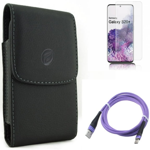 Screen Protector w Case Belt Clip w 6ft USB Cable for Samsung Galaxy S20 Plus - Tempered Glass [Fingerprint Unlock] 3D Curved Edge, Leather Holster Cover, Purple Type-C Charger fits Galaxy S20 Plus