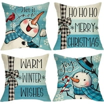 Warm Winter Wishes Blue Decorative Throw Pillow Covers 18x18 Set of 4, Snowman Merry Christmas Let It Snow Porch Outdoor Home Decor, Buffalo Plaid Check Hohoho Joy Holiday Couch Cushion Case