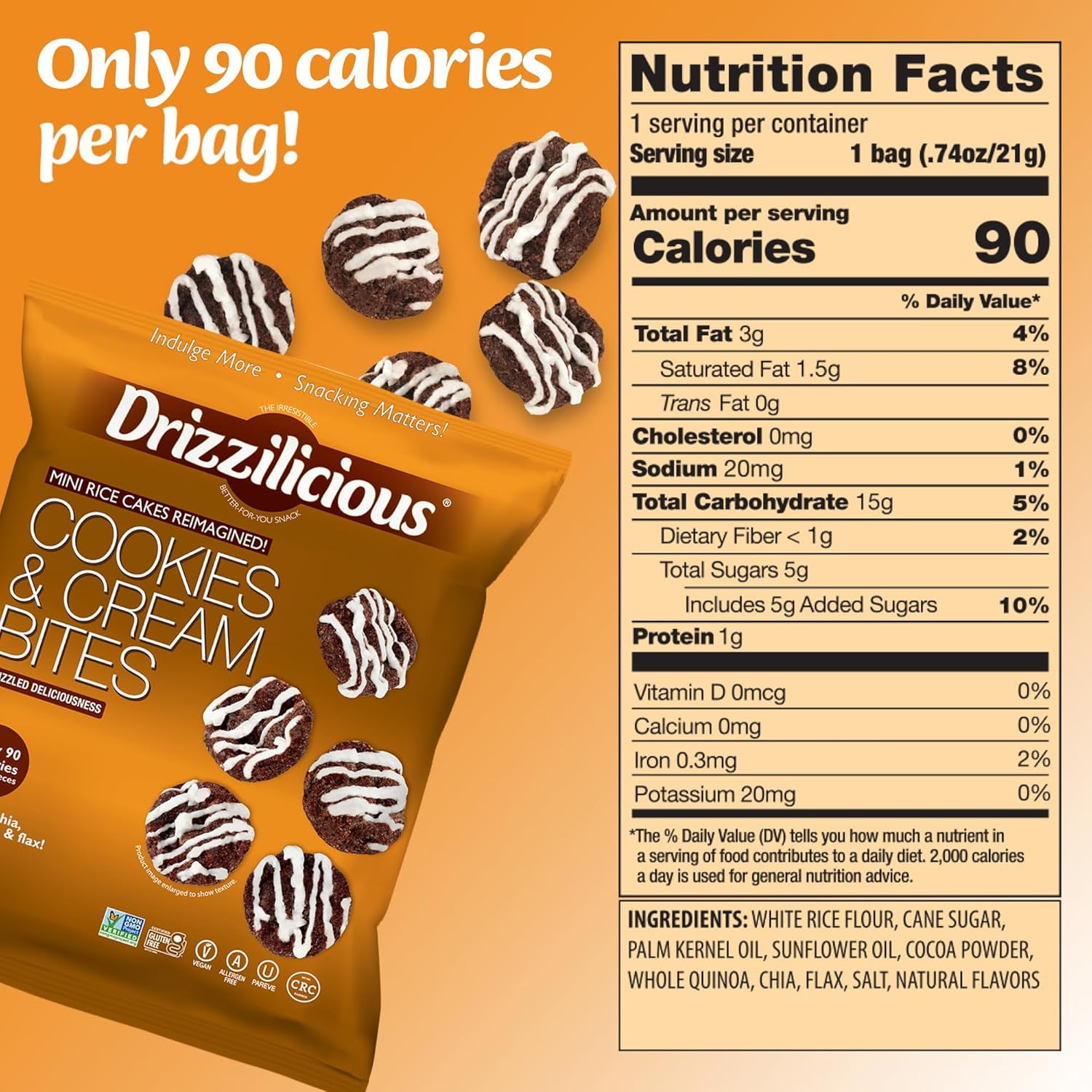 Drizzilicious Mini Rice Cakes, Cookies & Cream Flavored Rice Cake Gluten Free Snacks, Rice Crisps 10-Pack