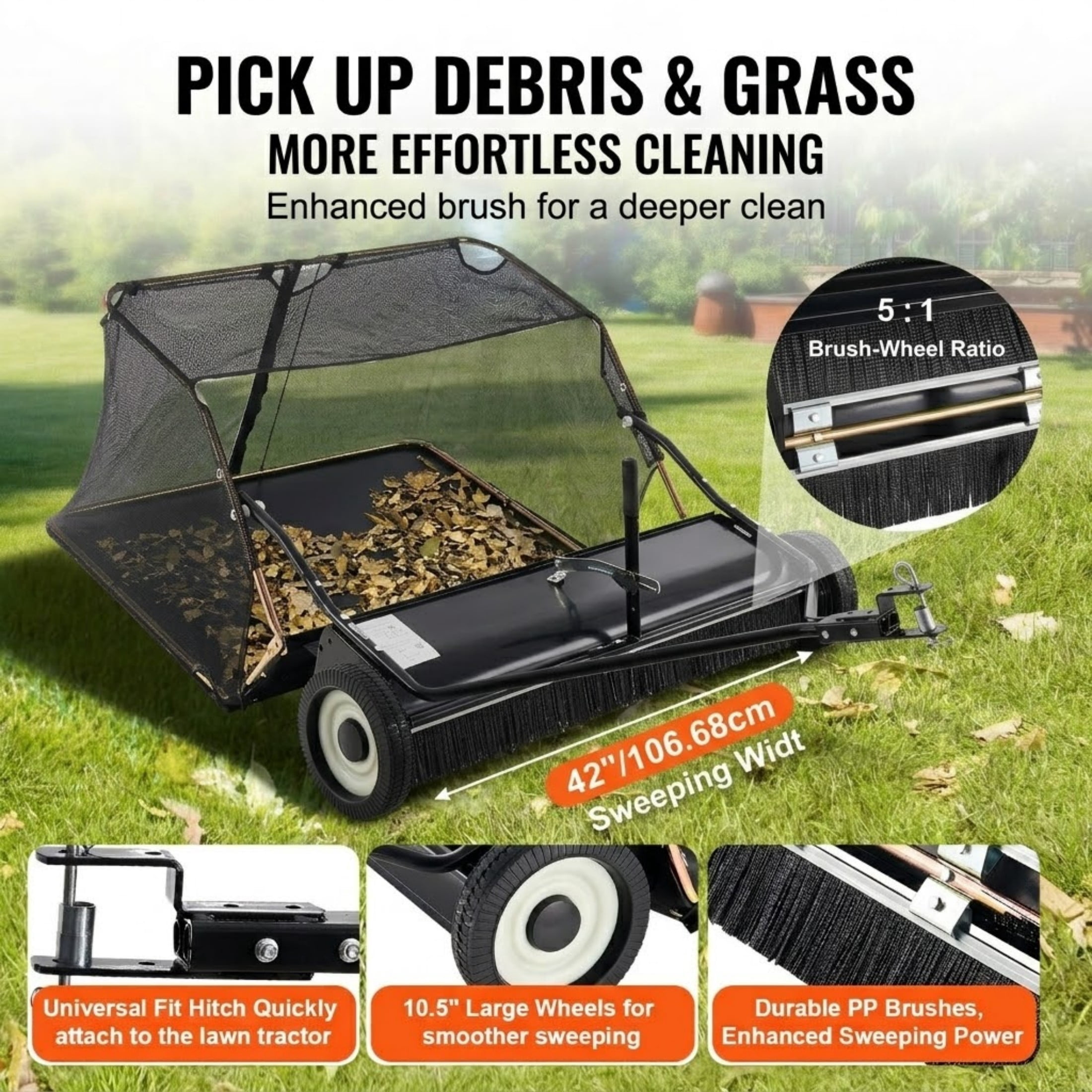 42-Inch 12 cu.ft. Tow Behind Lawn Sweeper, Heavy Duty Leaf and Grass Collector with Dumping Rope & Adjustable Height
