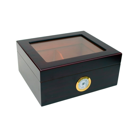 Maypes Desktop Humidor w/Hygrometer – Holds 25-50 Cigars – Cigar Aficionado Set Includes: Tempered Glass Top, Hygrometer, Dehumidifier, Divider – Interior: Spanish Cedar – Exterior: Mahogany Finish