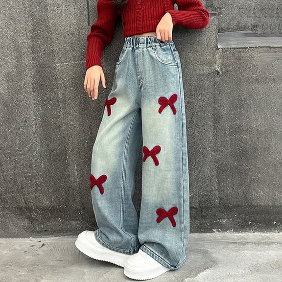 RUTAYY Girls Wide Leg Jeans Bow Embroidery Elastic Waist Denim Pants with Pockets Casual Daily Street Wear Blue