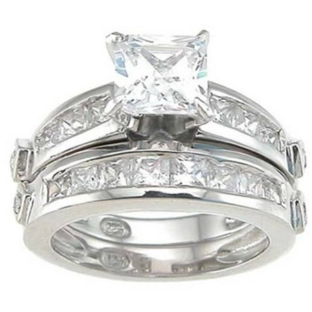 CZ Sterling Silver Rhodium Finish Princess Bridal Set Ring