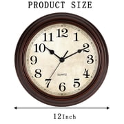 12 Inch Wall Clock Battery Operated Silent Non-Ticking Analog Wall Clock Vintage Retro Rustic Style Decorative for Living Room Kitchen Home Office(Bronze)