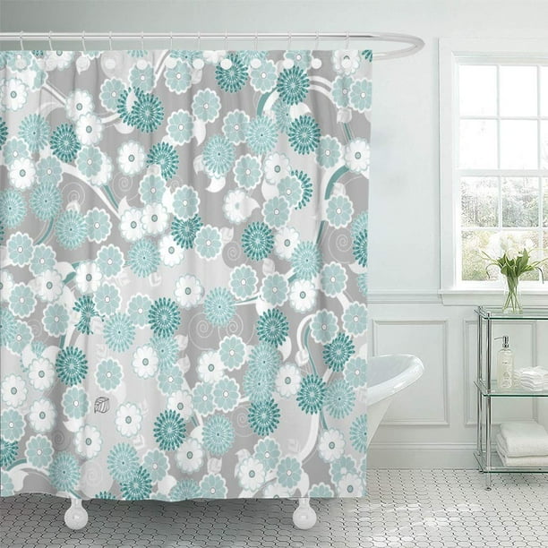 CYNLON Green Flowers Abstract Floral Pattern in Teal and Grey Bathroom Decor Bath Shower Curtain