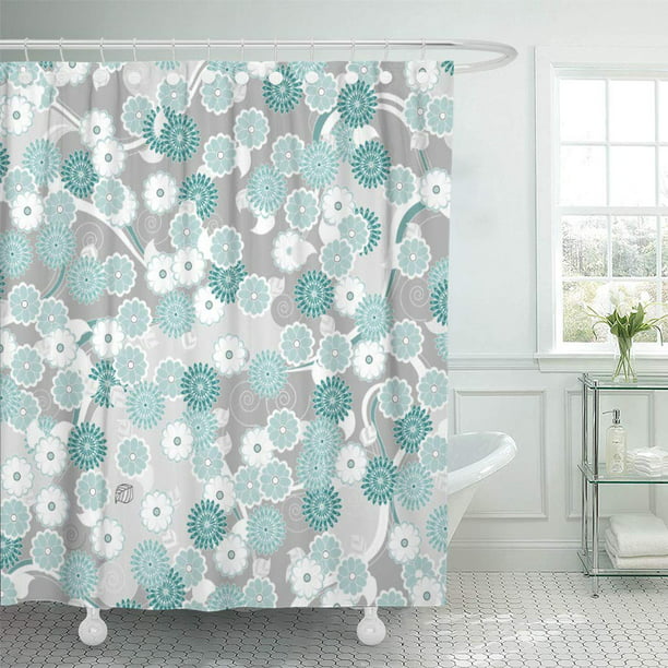 YUSDECOR Green Flowers Abstract Floral Pattern in Teal and Grey Bathroom  Decor Bath Shower Curtain 66x72 inch 