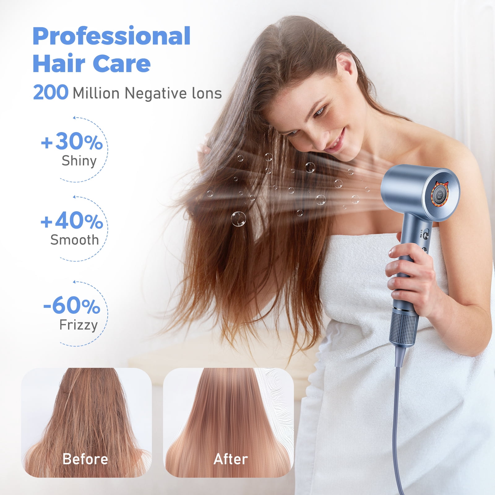 High Speed Hair Dryer - Bopcal 200 Million Negative Ionic Blow Dryer for Hair Care,Low Noise & Lightweight,for Home, Travel and Gift Choice(Silver)