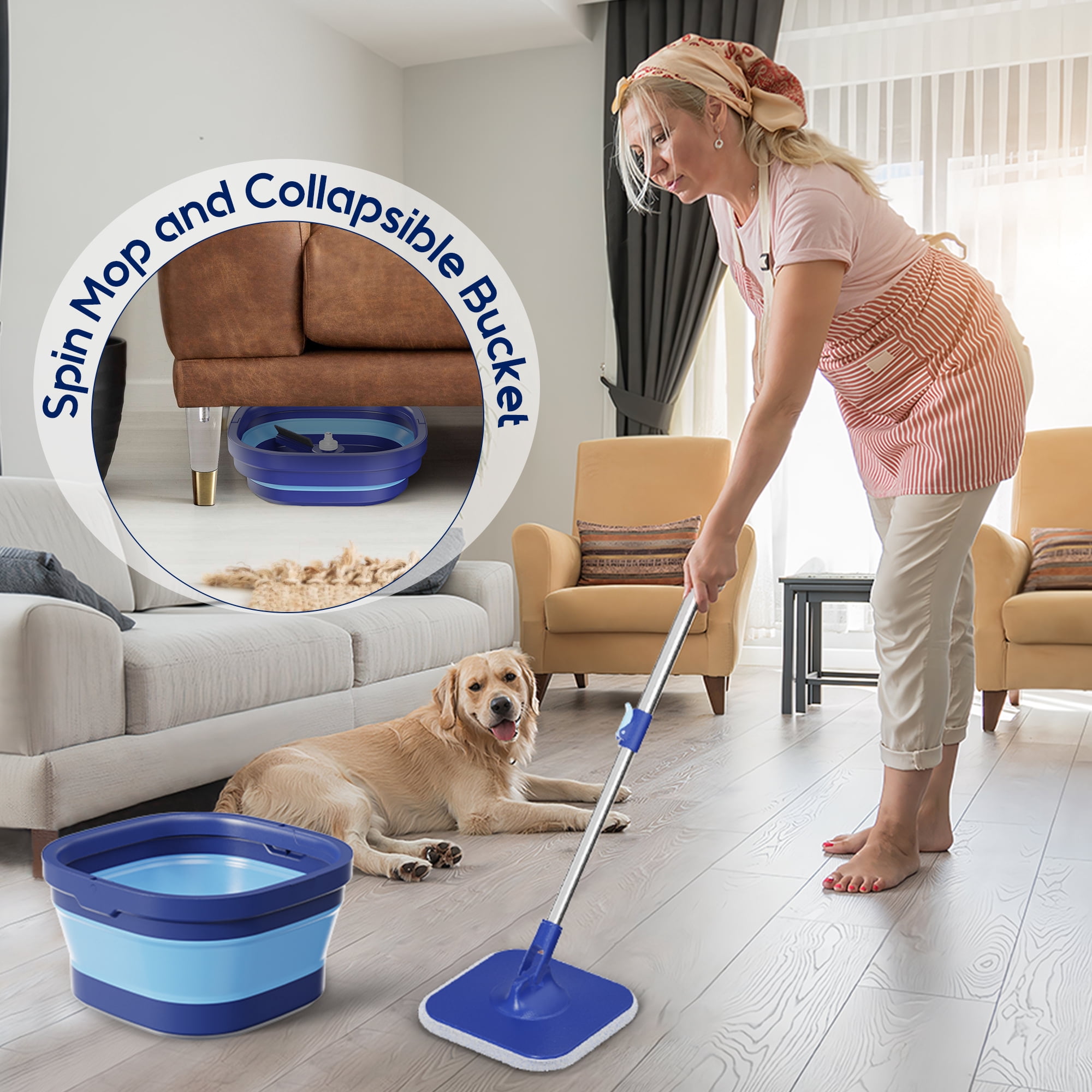 SUGARDAY Spin Mop and Bucket with Wringer Set for Floors, Collapsible Bucket with handle and Flat Wall mop with 5 Microfiber Pads