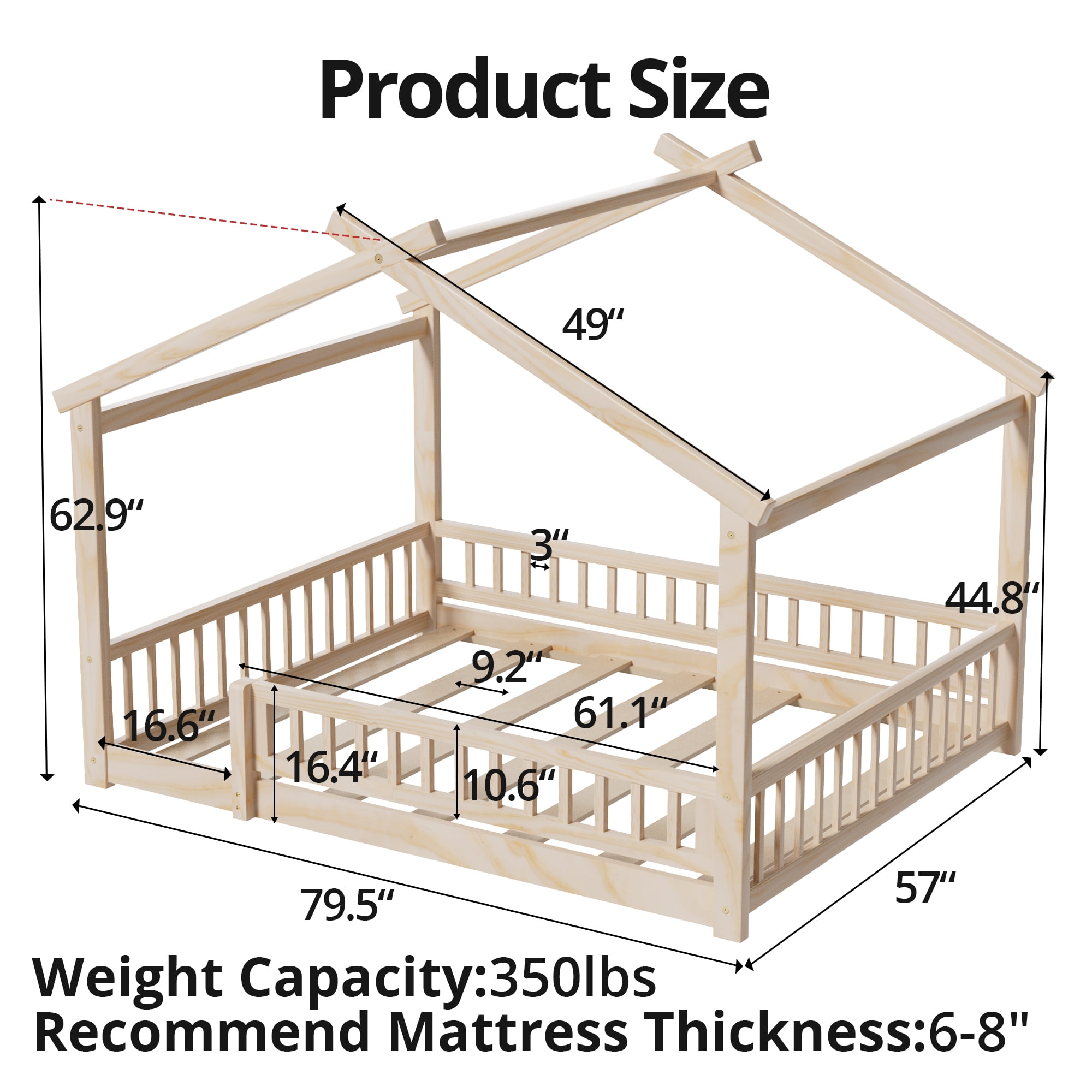 Full Size Floor Bed with Fence, Wood House Bed with Roof, Montessori Bed Frame Playhouse Bed for Girls and Boys Bedroom, Easy Assembly, Natural