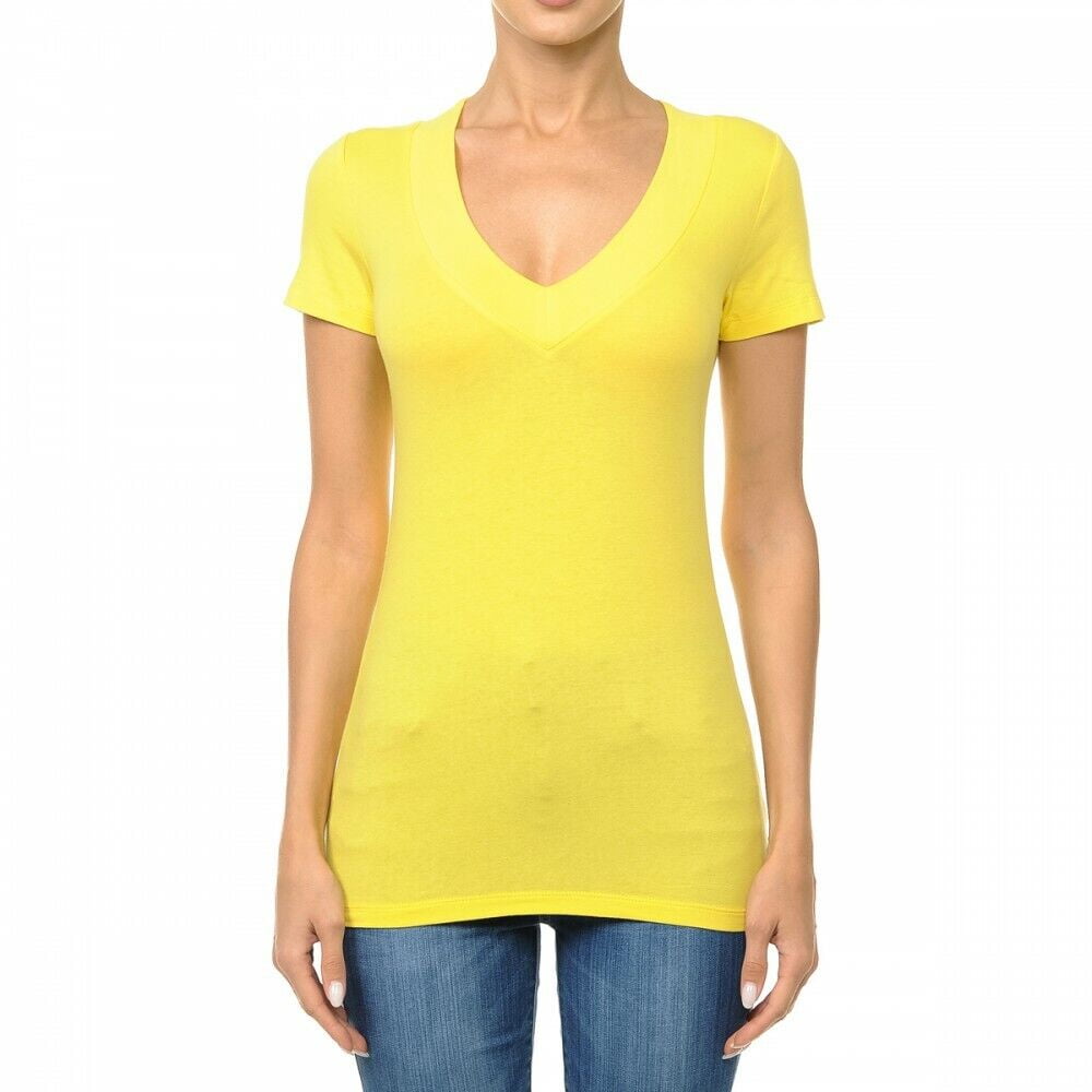 Wide Band Deep V-Neck Short Sleeve Casual T Shirt Top Cotton
