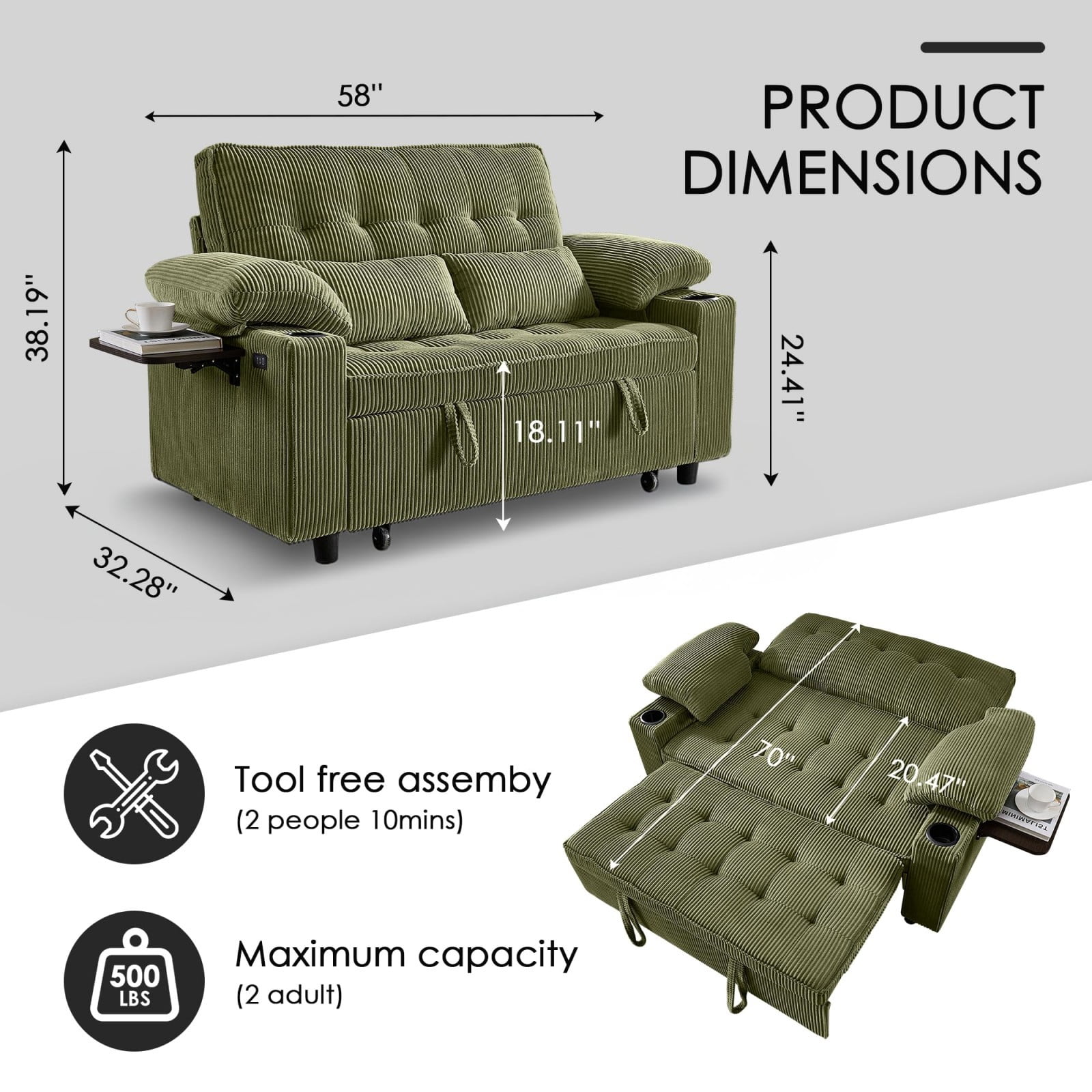 58" Sleeper Sofa Bed, Convertible Pull Out Couch Full Size Loveseat with Corduroy Fabric, USB Charging, Adjustable Backrest for Living Room Apartment Office, Green