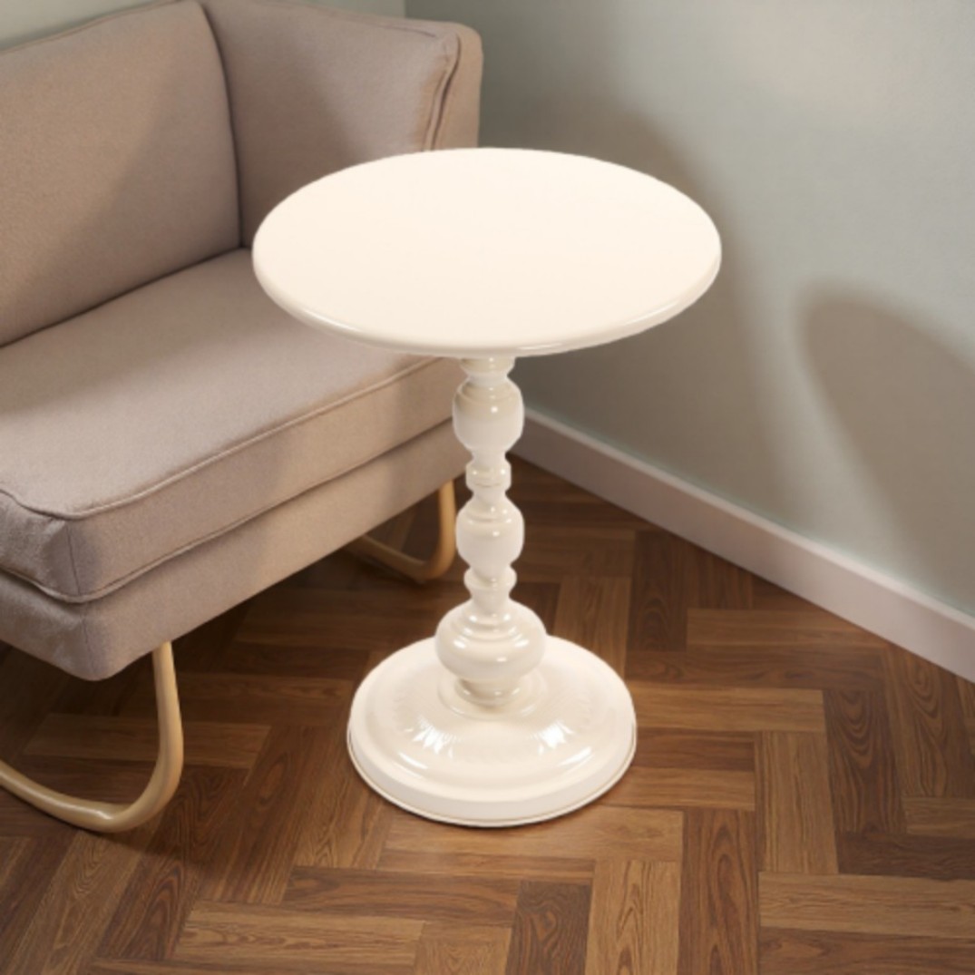 Round Metal Side Table, Vintage End Table with Pedestal Base, Small Accent Table for Sofa, Bedside, Balcony, Living Room & Bedroom, Cream White