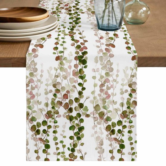 Green Pink Weeping Eucalyptus Cotton Linen Table Runner for Dining Kitchen, Spring Summer Farmhouse Leaves Wedding Outdoor Party Tablerunners, Dresser Scarf Coffee Tablecloth Runners 13x60 Inches