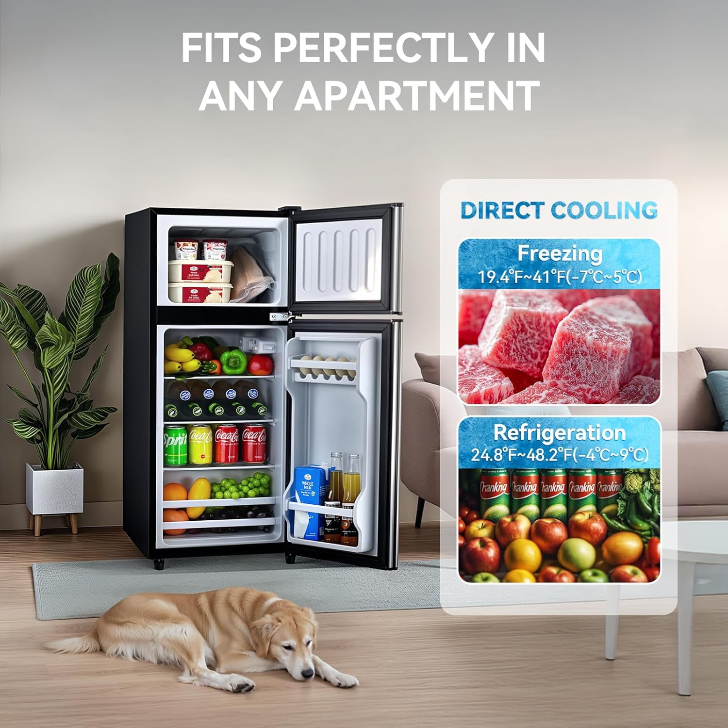 GGTB 3.5 Cu.ft Double Door Refrigerator with Freezer, 6-Level Thermostat, LED Light, Adjustable Shelves for Dorm Bedroom Office Apartment, Silver