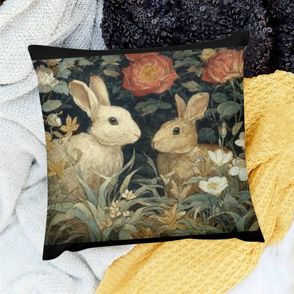 Creowell William Morris Throw Pillow Covers  Forest Rabbit Throw Pillows Covers for Couch Vintage Botanical Floral Dark Home Decor for Bed Living Room Farmhouse Sofa Cushion Cover   18x18in