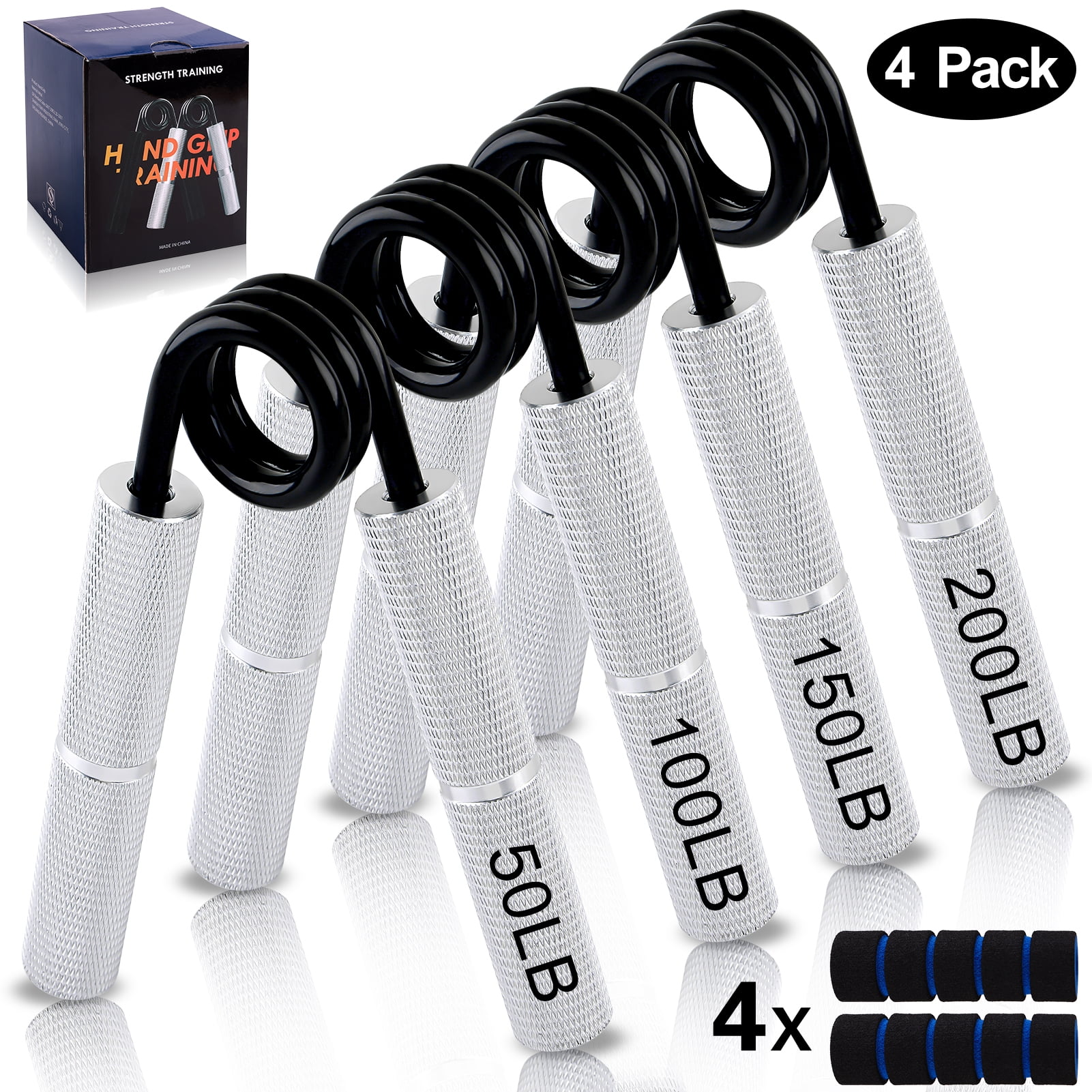 cyrico Grip Strength Trainer Set, 50LB-200LB Hand Gripper Strengthener 4 Pack, Metal No Slip Forearm Strengthener Exerciser with Grip Pads for Strength Training, Injury Recovery, Muscle Building