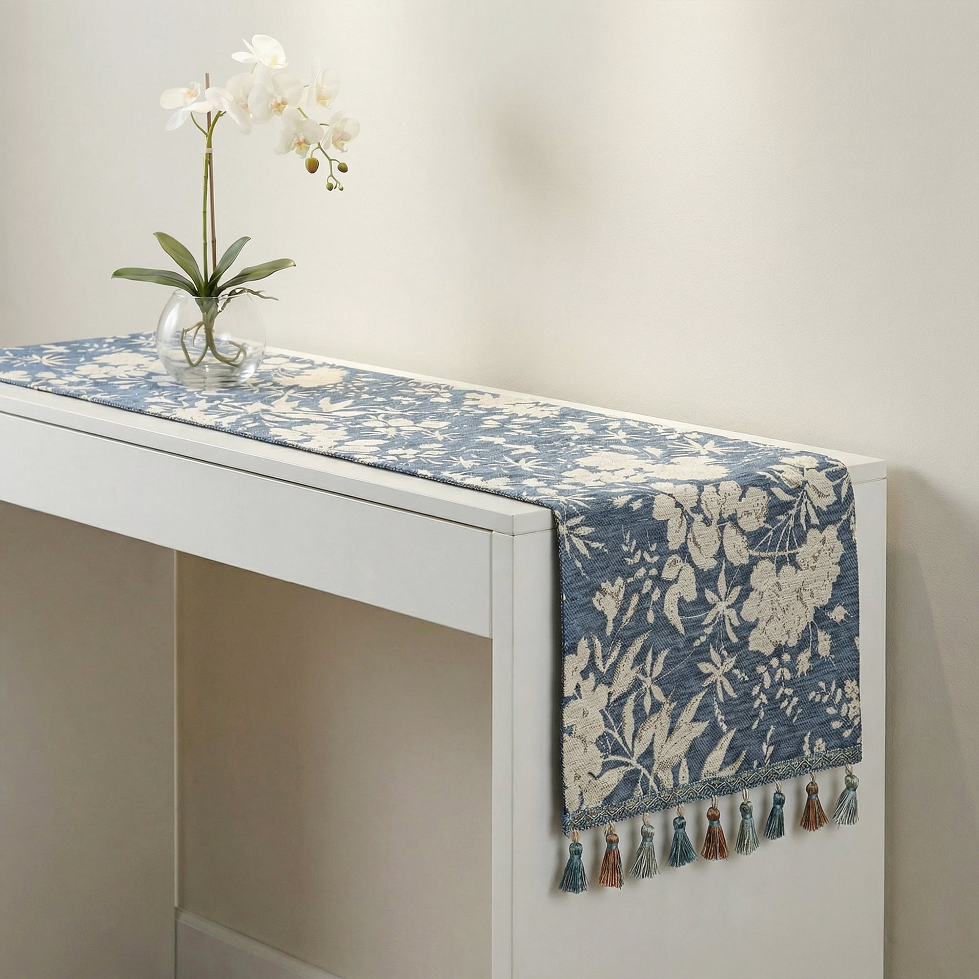 Unique Bargains Floral Table Decoration Kitchen Runner with Tassel Blue 13.8x63in