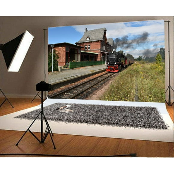 YUSDECOR 7x5ft Old Locomotive Backdrop Spring Railroad Tracks Rustic Brick House Green Grass Field Blue Sky White Cloud Nature Photography Background Kids Adults Photo Studio Props